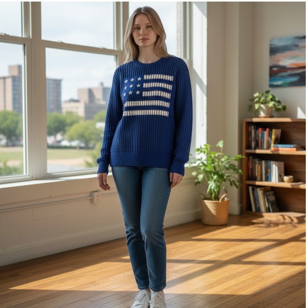 Joan Rivers Blue Cotton Open Knit American Flag Sweater Womens Small Patriotic